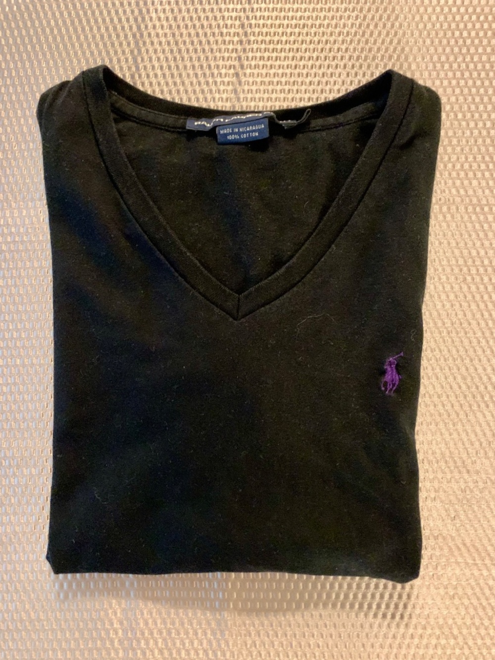 Ralph Lauren Sport Black V-Neck Purple Pony Logo Cotton Tee XS